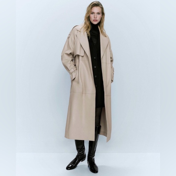 Massimo Dutti ivory leather trench coat with belt classic casual  long jacket - Picture 10 of 12